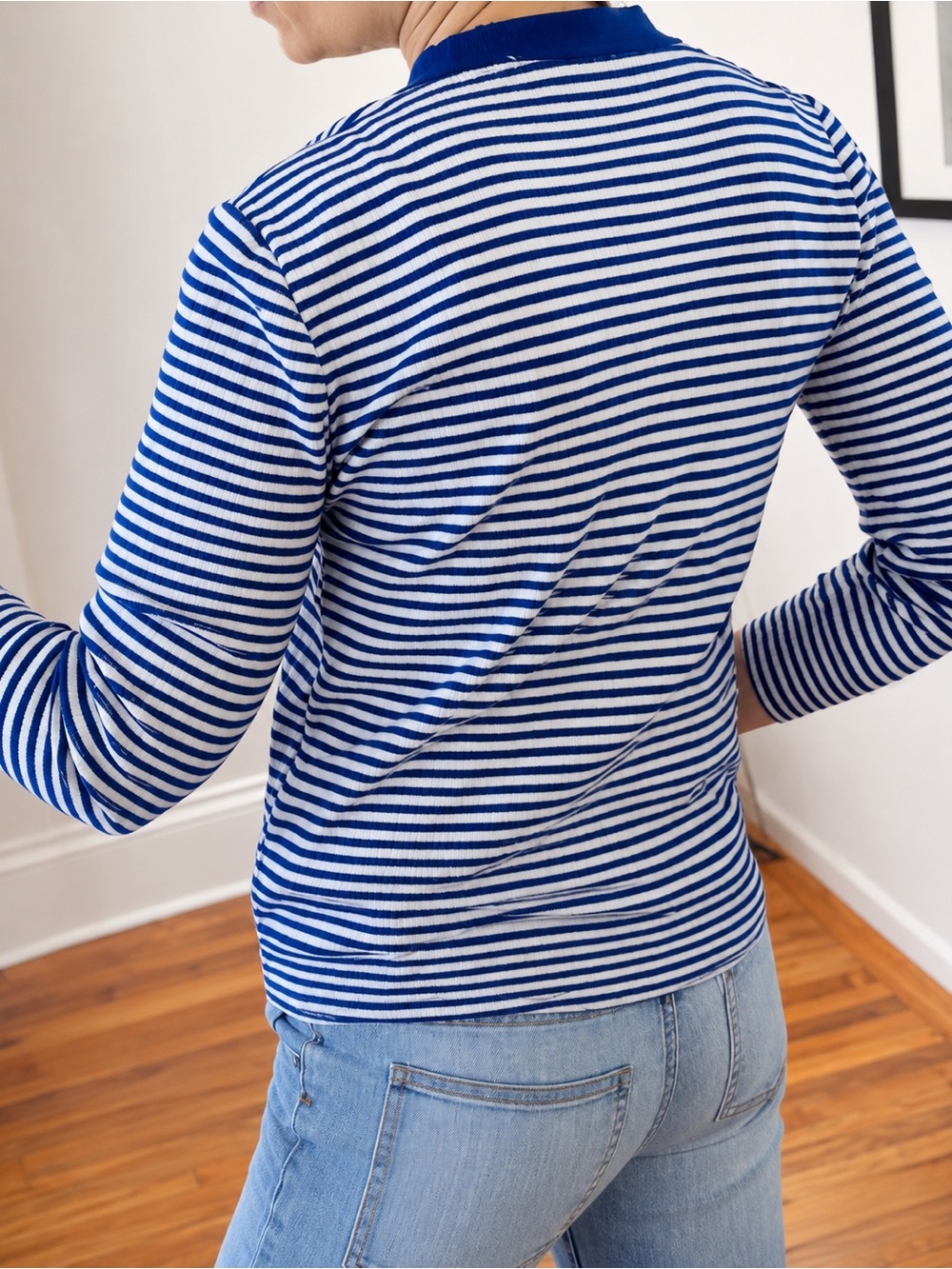 VTG Blue White Stripe V Neck Knit Pullover Sweater Jumper Academia Prep XS S M - Picture 16 of 16